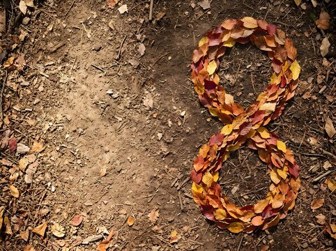 High angle shot of the number eight formed with colorful orange red and yellow autumn leaves on dry soil forest ground with twigs and debris for environmental concept imagery.