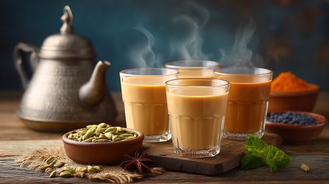 Steaming glasses of traditional Indian chai tea with spices and kettle on wooden table