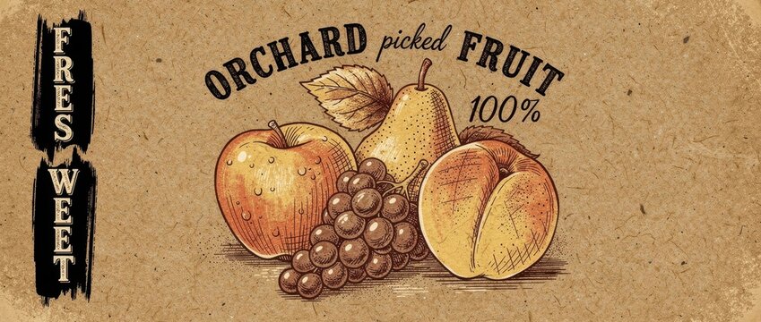 Vintage fruit illustration on textured paper. Engraved apple, pear, peach, and grapes with rustic typography. Organic farm market concept for artisanal food packaging and branding.