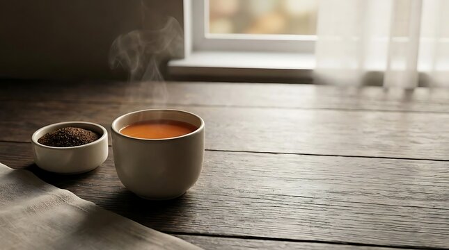 A steaming cup of CTC tea served on a rustic wooden table beside a small bowl of tea leaves captured with soft window lighting for a cozy atmosphere