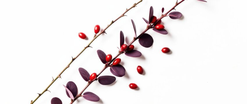Red barberry branches with purple leaves on a white background. Shrub twigs and scattered berries in a flat lay. Nature botanical concept for autumn decor and herbal wellness marketing.