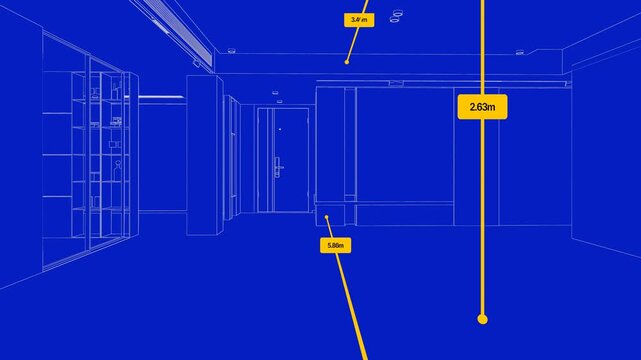 Realistic wireframe blueprint of a modern room interior with shelving and lighting