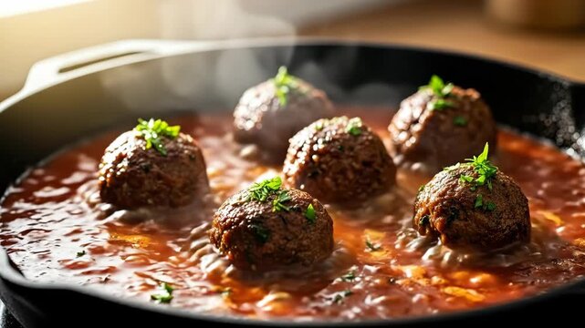Delicious meatballs simmering in rich tomato sauce with fresh herbs in a hot pan.