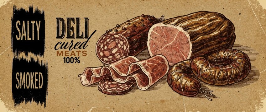 Vintage sketch of various deli cured meats like salami and ham. Rustic hand-drawn charcuterie on kraft paper background. Traditional butchery concept for restaurant menus and food branding.