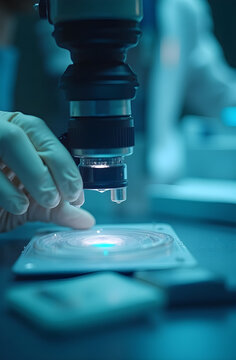 Cient&iacute;fico ajustando microscopio en laboratorio de investigaci&oacute;n biotecnol&oacute;gica