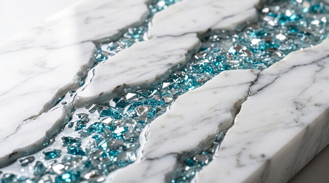 Luxury white Carrara marble slab inlayed with a flowing river of crushed turquoise glass crystals and glossy liquid resin.