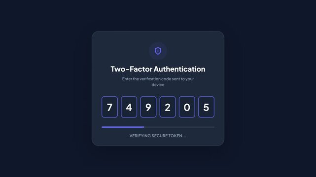 Two-Factor Authentication process, detailed visual of verification code entry with changing colors and successful verification, symbolizing online security and digital protection, seamless loop.