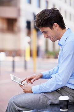 Happy, businessman and research with tablet in city for social media, outdoor network or connection. Man, employee or scrolling with smile on technology for online information or app in an urban town