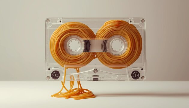 Surreal food concept of transparent retro audio cassette neatly filled with spaghetti pasta. Creative food art for restaurant blogs, posters and social media.