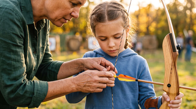 Mother teaching young daughter archery with wooden bow and arrow outdoors