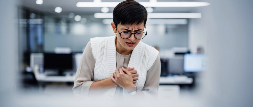 Woman clutching her chest in pain inside a modern office. Professional employee experiencing a sudden heart attack or cardiac distress. Workplace health emergency concept for medical or insurance ads.