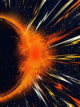 Explosion radiates from a dark planetary surface in a stylized comic book graphic with orange and black halftone patterns.