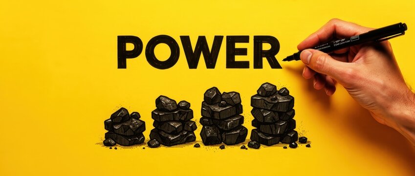 Hand writing word power above coal stacks on yellow background. Illustration showing increasing piles of coal for energy growth. Fossil fuel concept for power plant industry marketing.