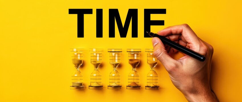 Hand pointing to the word TIME with hourglasses on a yellow background. Scene representing productivity, efficiency, and schedule tracking. Ideal for business management and deadline concepts.