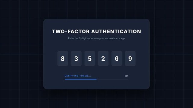 Two-factor authentication process, secure login with 6-digit code entry and verification progress on screen, symbolizing online security and identity verification, seamless loop