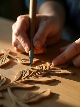 Manos de artesano tallando detallados patrones florales en madera con herramientas de precisi&oacute;n
