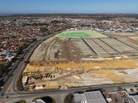 Aerial view of new residential subdivision and expanding suburban housing development in Australia