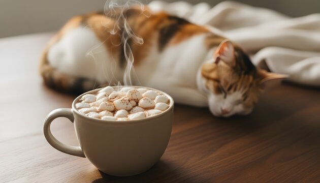 Steaming ceramic cup of cocoa with marshmallows resting on a wooden table near a sleeping cat for cozy winter relaxation and hygge home lifestyle concept