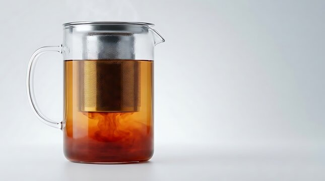 CTC tea preparation in a modern glass teapot with a metallic infuser showing the rich color of brewing tea leaves for a perfect professional beverage