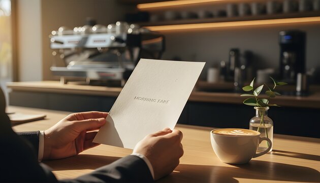 Close-up shot of a professional customer browsing a food menu in a modern cafe sitting at a wooden table with hot latte coffee for morning dining concept