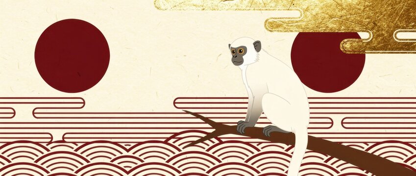 White monkey on branch with traditional Japanese background. Illustration with waves, red suns, and gold clouds on textured paper. Oriental art style for cultural branding and decor.