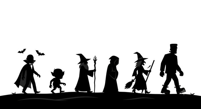 Black silhouette of a group of fantasy monsters and magical creatures walking together in a line on white background