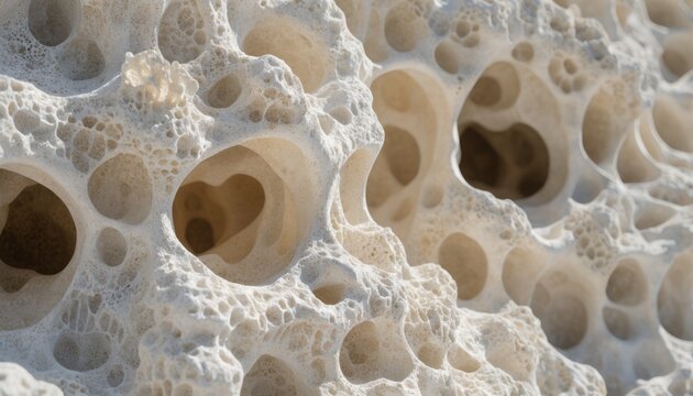 Macro close up of porous limestone surface with organic cavities as natural stone texture background for material design