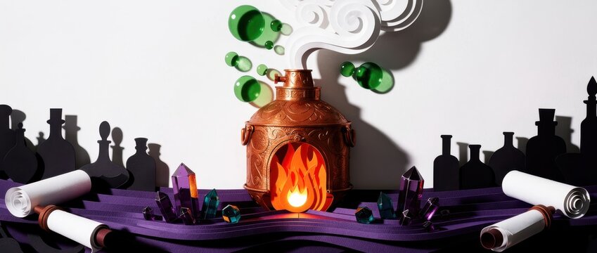 Papercraft alchemy lab featuring a copper cauldron with a glowing fire. Surrounded by magical crystals, scrolls, and potion bottle silhouettes. Fantasy magic concept for creative storytelling.