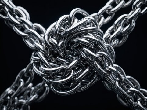 Intertwined metal chains forming a complex knot, industrial strength and structural integrity, symbolic representation of connection, unity, security, and unbreakable bonds in engineering