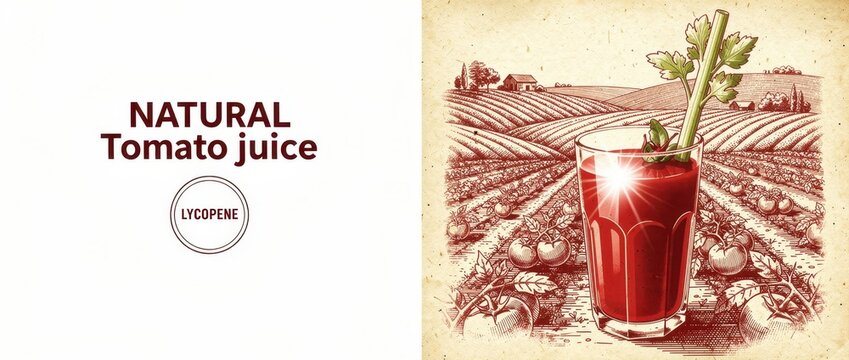 Fresh tomato juice with celery garnish over rural farm illustration. Vintage engraving of fields for beverage branding. Healthy lycopene concept for organic marketing and labels.