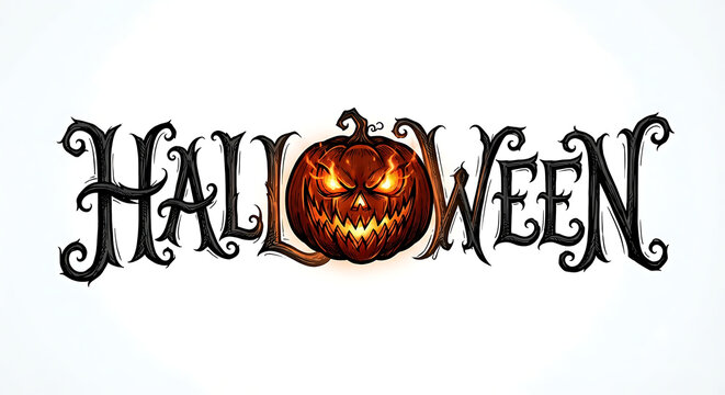 Decorative halloween text design featuring a glowing carved jack o lantern replacing the letter o on a white background
