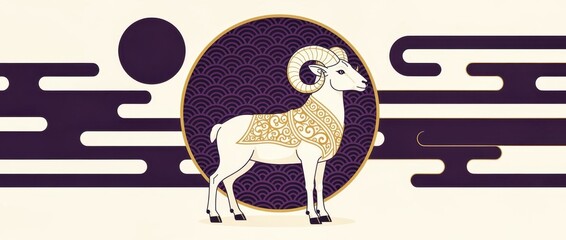 Fototapeta premium Stylized white ram with golden horns standing against a decorative circular background. Traditional Asian patterns and cloud motifs frame the goat in a modern flat design. Chinese Zodiac concept.