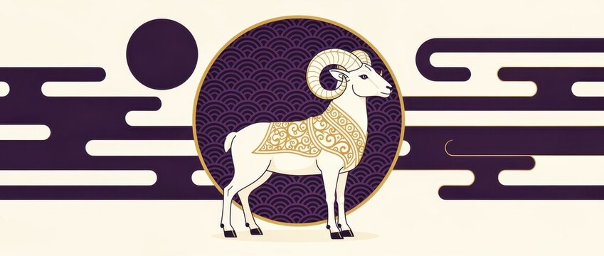 Stylized white ram with golden horns standing against a decorative circular background. Traditional Asian patterns and cloud motifs frame the goat in a modern flat design. Chinese Zodiac concept.