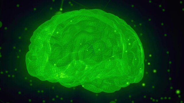 Rotating green wireframe human brain with glowing neural network connections