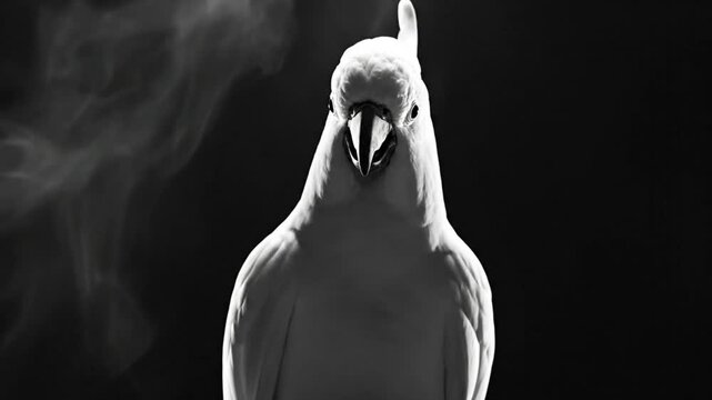 Black and white close-up of a white cockatoo with its wings spread, expressive bird portrait, dark moody background.