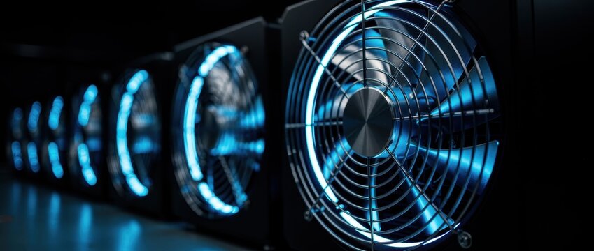 Row of computer cooling fans with blue LED lights spinning. Industrial hardware cooling units for server rack airflow. Data center and crypto mining concept, ideal for tech infrastructure visuals.
