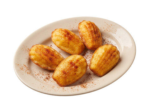 French madeleines dusted with cinnamon on white oval plate