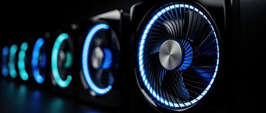 Row of spinning computer cooling fans with blue LED ring lights. Close-up of RGB hardware in a dark data center. Tech infrastructure concept for server cooling and gaming hardware marketing.