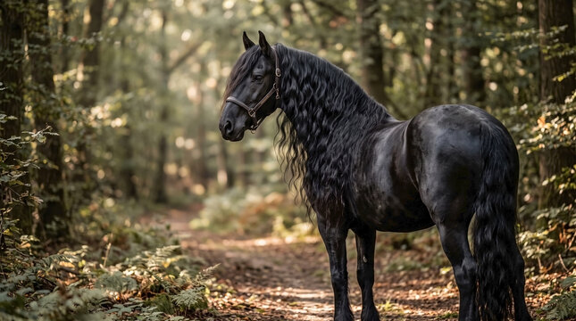 Friesian horse, a majestic black horse, standing on a forest path, showcasing its long flowing mane in dappled light for equine beauty, regal horse blogs, equestrian portrait, and natural setting.