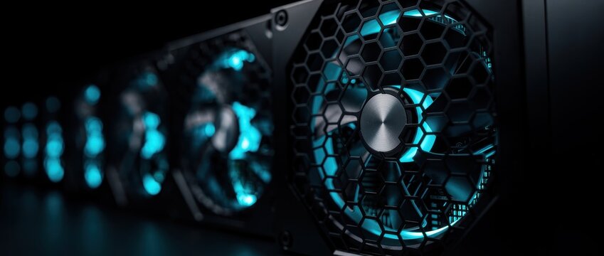 Row of computer cooling fans with blue LED lighting. Hardware components featuring honeycomb grilles and illuminated blades. Tech cooling concept for server or gaming PC marketing.