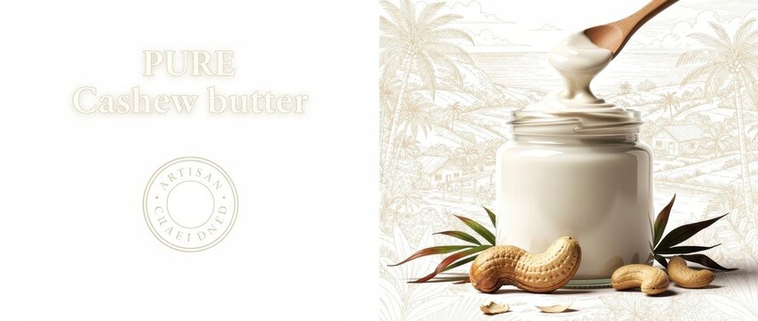 Creamy cashew butter in glass jar with wooden spoon. Whole raw nuts arranged against tropical sketch background. Organic food branding concept for vegan nutrition marketing.