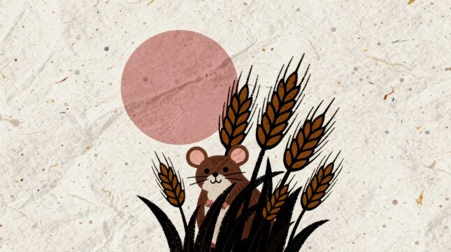 Cute mouse peeks through wheat stalks under a large pink sun. Hand-drawn illustration on textured handmade paper background. Whimsical nature design for children's decor and greeting cards.