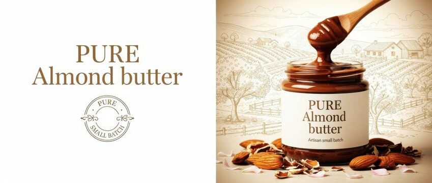Jar of creamy almond butter spread with a wooden spoon. Artisan product featuring whole almonds and rustic orchard sketch background. Healthy food concept for organic brand marketing campaigns.