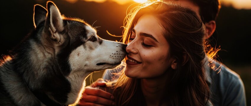 Happy woman bonding with her Siberian Husky dog at sunset. Young female pet owner nuzzling her puppy during golden hour in a park. Friendship and animal love concept, ideal for pet care marketing.