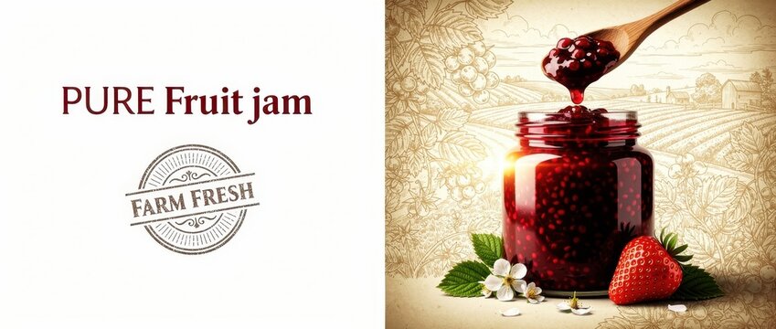 Graphic design for red fruit jam with spoon on vintage farm background. Organic preserves illustration featuring fresh berries and rustic scenery. Concept for food packaging and market ads.