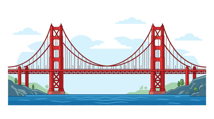 Fototapeta premium Professional flat design vector illustration of the Golden Gate Bridge in San Francisco, featuring the iconic red suspension towers, cable spans over blue water, and soft white clouds.