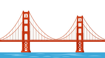 Fototapeta premium Minimalist flat design vector illustration of the Golden Gate Bridge in San Francisco, California. Red suspension bridge structure over blue water isolated on white background.
