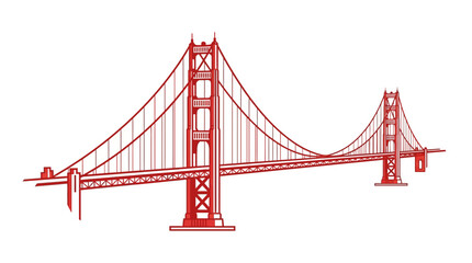 Fototapeta premium Minimalist red vector illustration of the Golden Gate Bridge in San Francisco, California, featuring clean lines, iconic suspension towers, and cables against a plain white background.