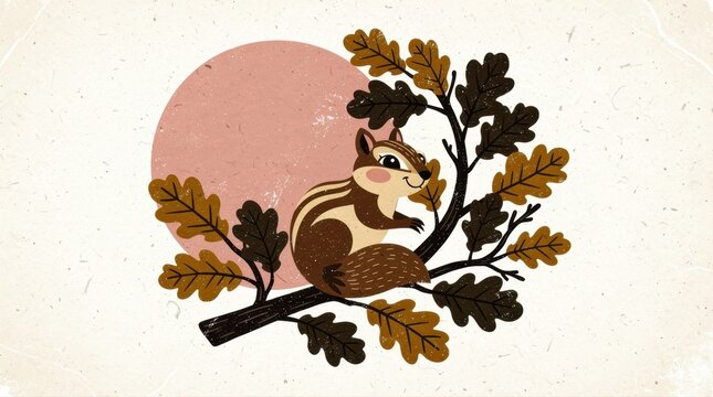 Cute chipmunk sitting on an oak branch with autumn leaves. Retro hand-drawn illustration with a pink sun and textured background. Nature wildlife art for children's books and nursery decor.