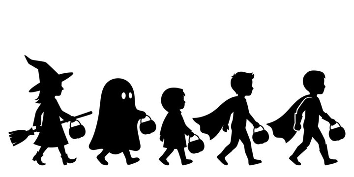 Black silhouette of a group of children in costumes going trick or treating for a fun halloween celebration